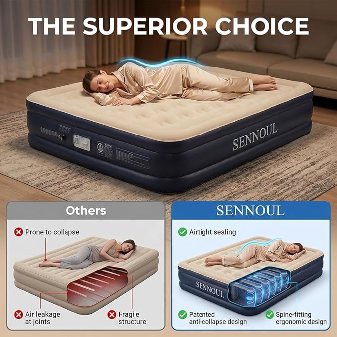SENNOUL Air Mattress Queen with Built in Pump, Inflatable Mattress Blow Up Mattress 16 Raised Comfort,Upgraded Surface Portable Bed, Air Bed for Home, Guest, Camping, Colchone Inflable, 650 lbs