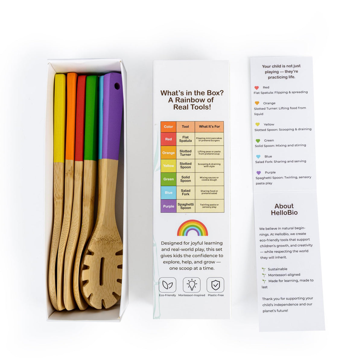 Rainbow Bamboo Kitchen Utensil Set for Kids – Montessori-Inspired 6-Piece Real Cooking Tools | Ages 2+ | Natural Bamboo | Color-Coded | Thoughtful Gift for Toddlers & Preschoolers