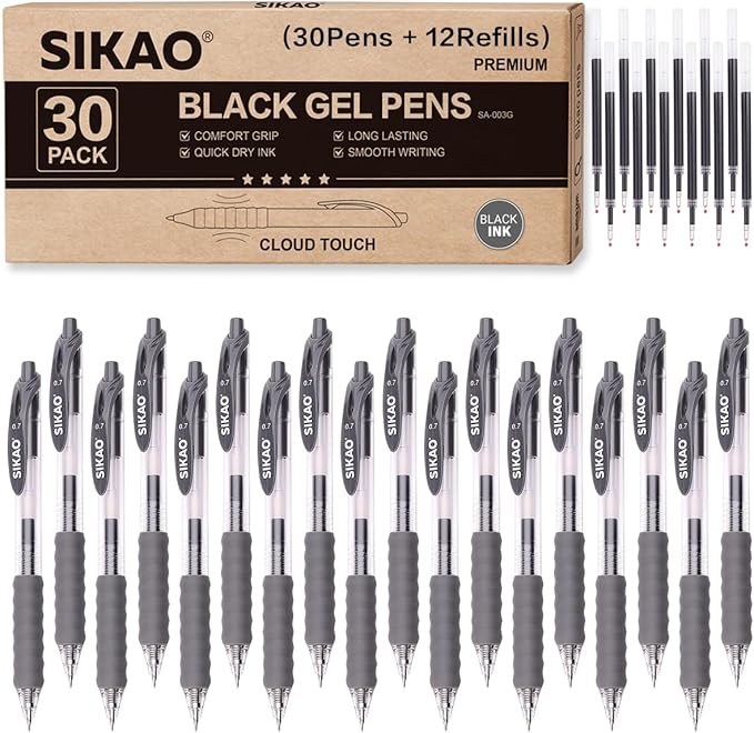 Gray Gel Pens Bulk 30 Pack Gray Pens Fine Point Smooth Writing No Smudge, CLOUD TOUCH Grip 0.7mm Black Gel Ink, Retractable Rollerball Pens for Server Office School, Lapiceros (GRAY)