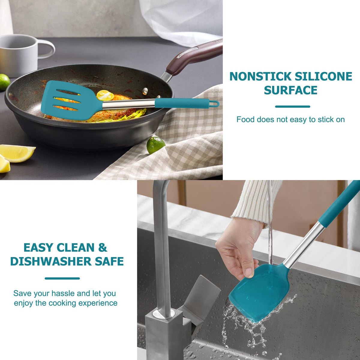 TeamFar Cooking Utensils Set, 4PCS Heatproof Silicone Utensil Kitchen Tools with Stainless Steel Handle, for Non-stick Cookware Flipping Frying Draining, Nontoxic & Non scratch, Easy Clean - Navy Blue