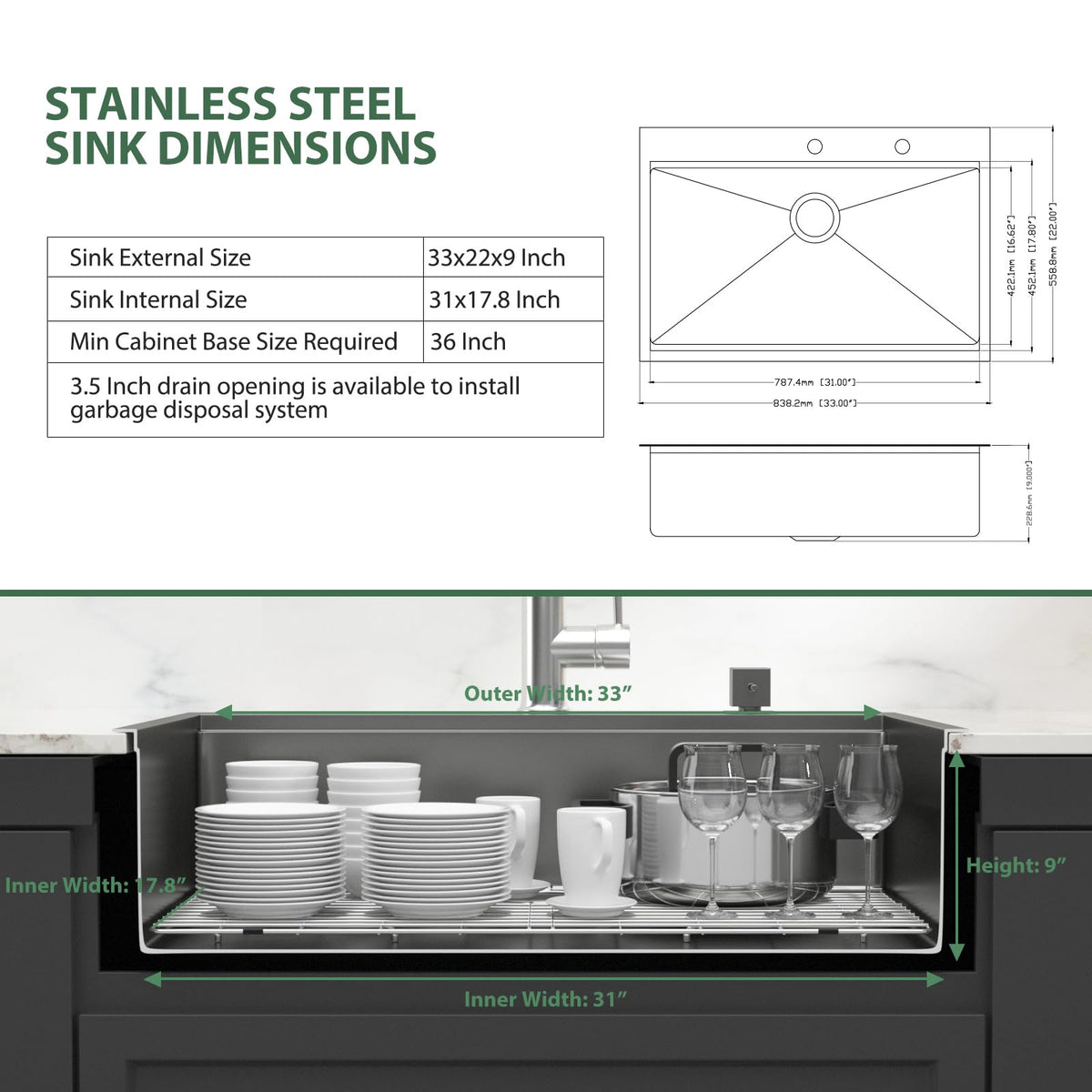 Couoko 33x22 Black Drop In Kitchen Sink Workstation 16 Gauge Stainless Steel Single Bowl Drop Kitchen Sinks Nano PVD Gunmetal Black Handmade Large Deep Topmount Sinks, 33x22x9 Inch