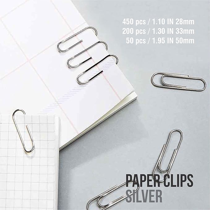 RUBEX 700 Paper Clips, Silver, Assorted Sizes: Small, Medium, Large – Durable & Rustproof for Office, School, and Document Organization