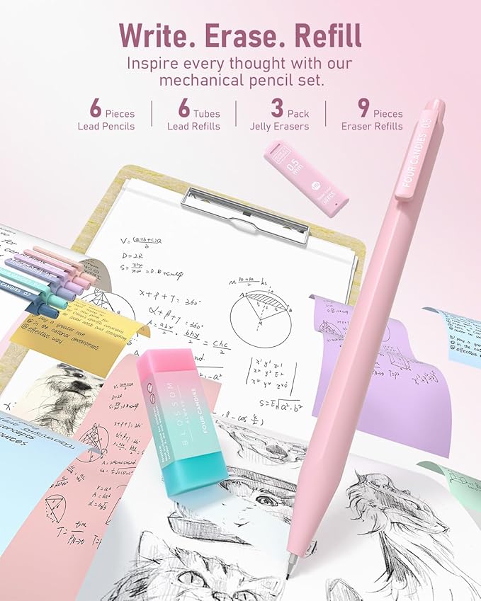 Four Candies 39 PCS Aesthetic School Supplies with Cute Pen Case, 12 Pastel Highlighters, 5 Black Ink Gel Pens, 6 Mechanical Pencils Set 0.5 & 0.7 mm for Students Stationary College Essentials (Pink)