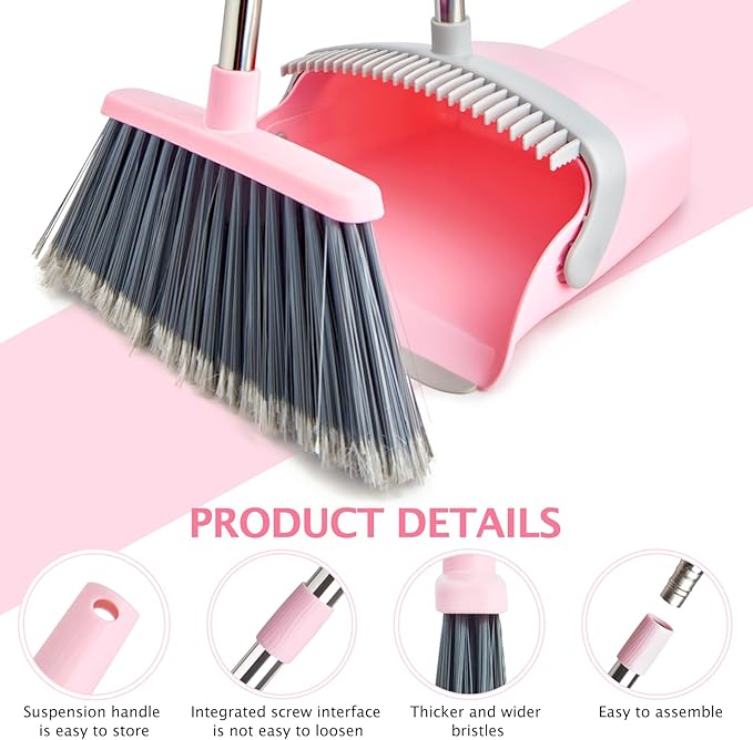 Broom and Dustpan Set, Dustpans with Broom Combo for Home, Heavy Dust Broom and Dustpan Combo, Long Handle Dust Pan and Broom Set for Kitchen, Office, Pet Hair(Gray Pink)