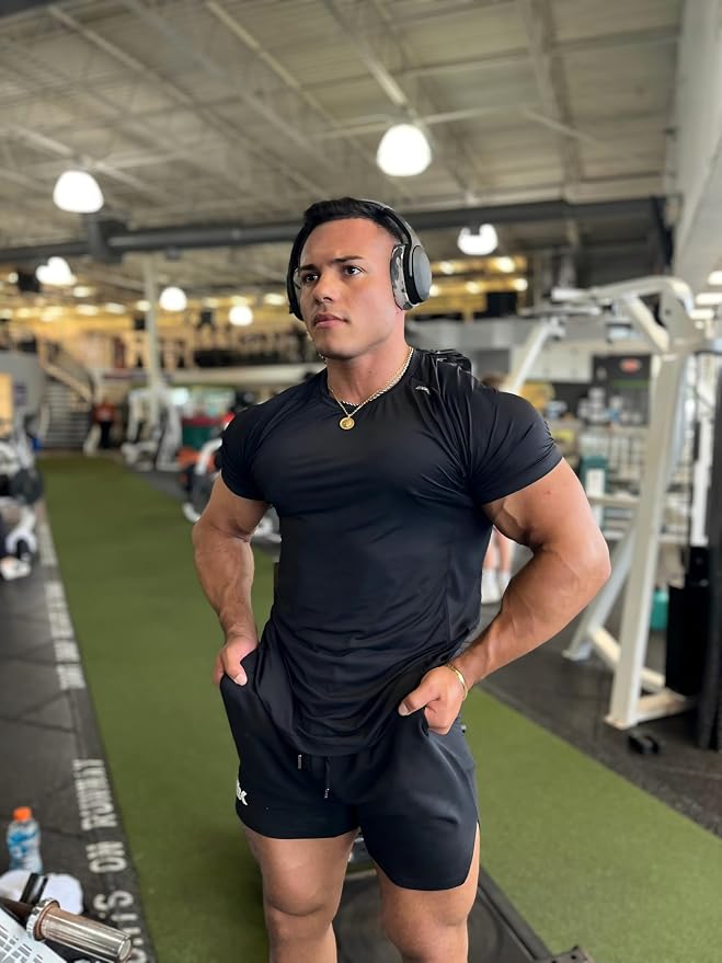 BROKIG Mens 4.9oz Cooling Gym Workout Shirts,Bodybuilding Athletic Running Shirt Casual Crew Neck Fitted Short Sleeve
