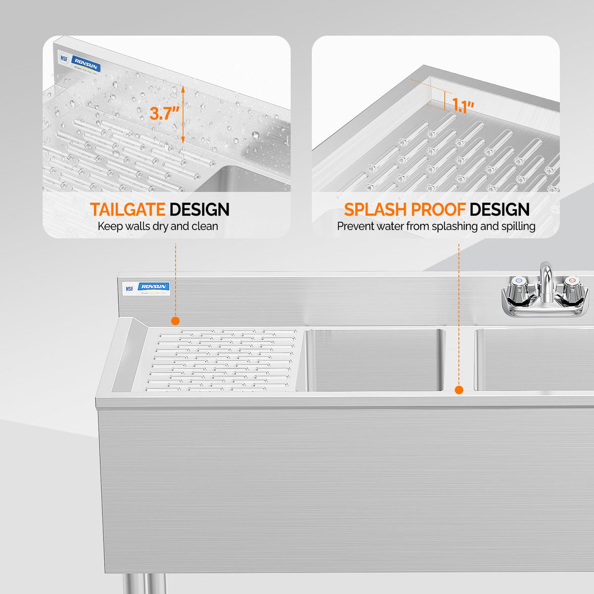 ROVSUN NSF 3 Compartments Bar Sink, Commercial Stainless Steel Underbar Sink with Double Drainboard, Freestaning Large for Kitchen, Bar, Laundry, Garage Use, 60 L x 33 W x 18.4 H