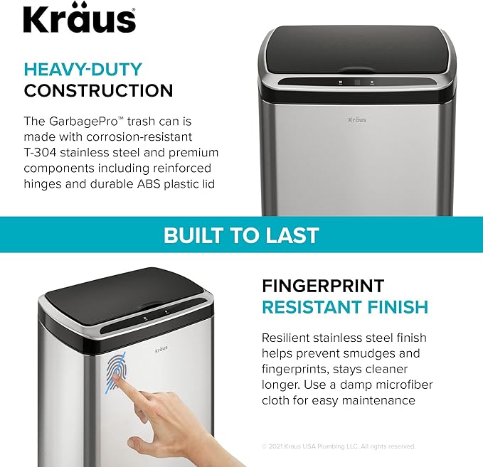 Kraus GarbagePro Rectangular 13 Gallon Hands-Free Motion Sensor Trash Can Battery Operated in Fingerprint Resistant Stainless Steel Finish with SoftShut Touchless Lid, KTCS-10SS