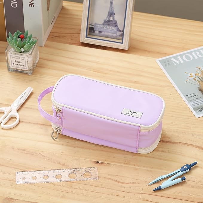 Large Pencil Case Zipper Pencil Pouch for Girls Adults Kids Aesthetic Pencil Bag Organizer Big Capacity Pen Bag with Handle Portable for School Office Purple