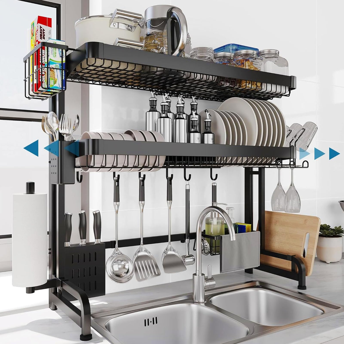 LIVOD Over The Sink Dish Drying Rack,3 Tier Adjustable Length Full Stainless Steel Large Storage Kitchen Dish Rack,for Kitchen Counter Expandable Multifunctional Organizers,Silver(25.5'' to 37.4'')