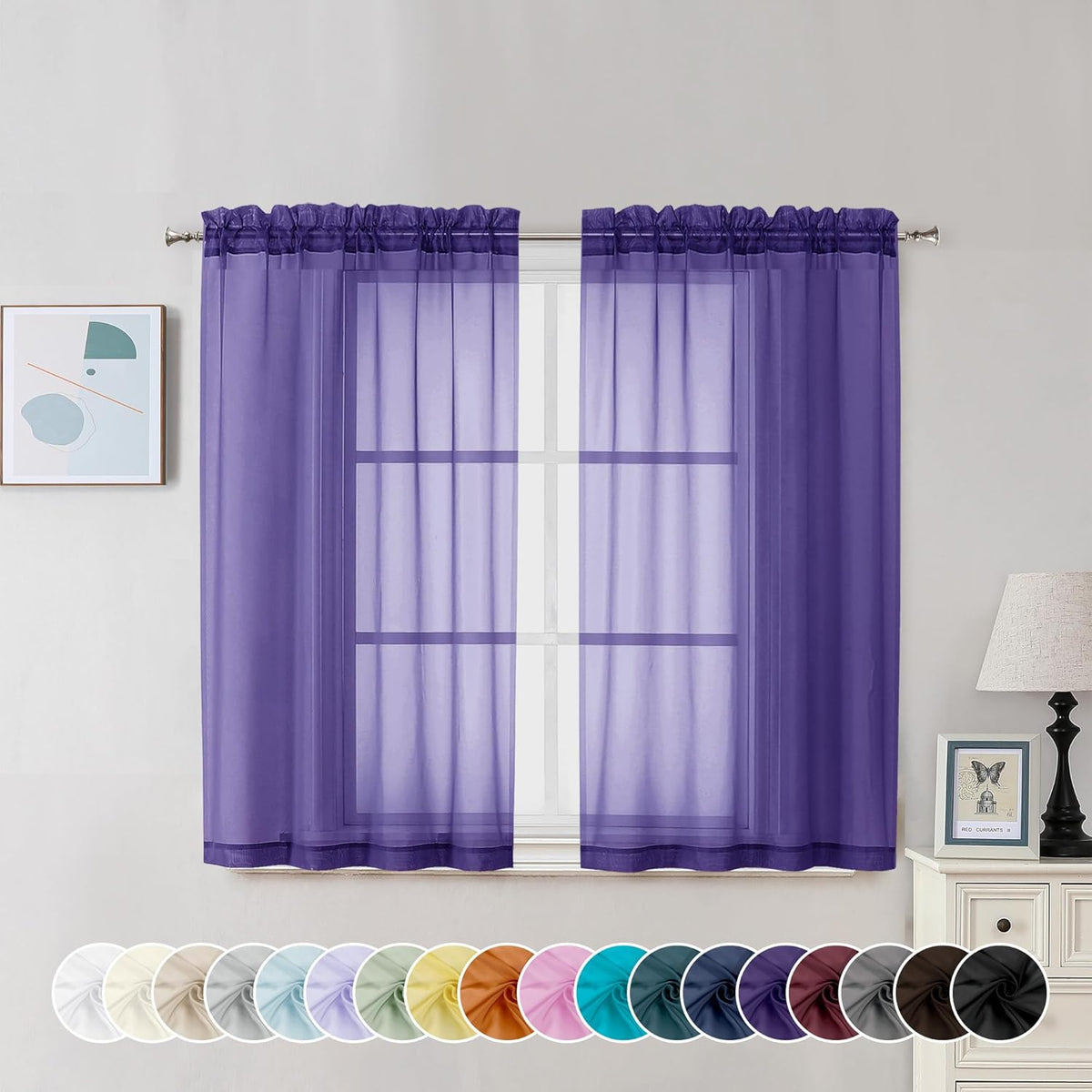 Chyhomenyc Purple Sheer Curtains 45 Inch Long 2 Panels, Light Filtering Rod Pocket Voile Short Curtains Drapes for Living Room Bedroom Small Windows, 42Wx45L Inches