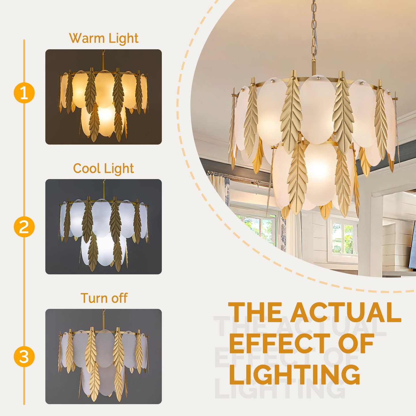 Wellmet Gold Chandelier, Farmhouse Golden Leaf Pendant Light, 7-Light Modern Lighting Fixture, for Living Room, Bedroom, Dining Room, Foyer, Entryway, Kitchen