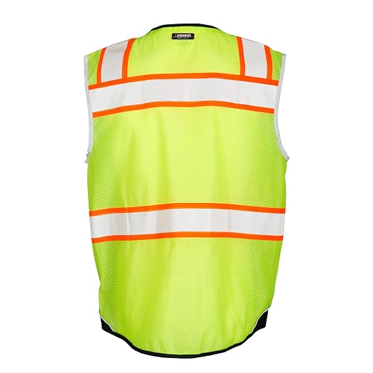 Kishigo Men's High Visibility Reflective Premium Black Series Black Bottom Vest 1515, Zipper Closure, Polyester, ANSI 107 Type R/Class 2, Construction, Utility, Waste Management (Lime, L)