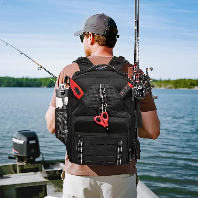 Fishing Tackle Backpack,Tackle Bags with 2 Rod Holders,Water-Resistant Tackle Bag Storage Bag for Fishing Gear(Black)