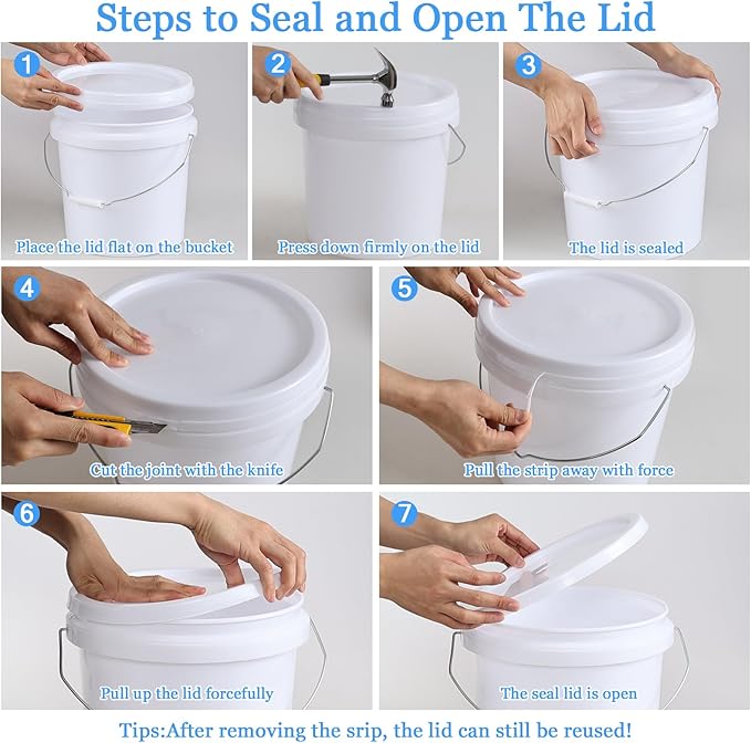 4 Gallon Round Buckets with Sealable Lids, White Plastic Food Storage Buckets, 4 Pack