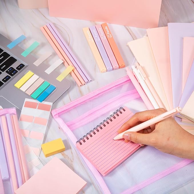 Colarr 54 Pieces Aesthetic School Supplies Including Pastel Highlighters Document Bags Pencils Notebooks Pencil Pouch Ink Pens Sticky Notes Erasers Back to School Gift Stationary Kit (Pink)
