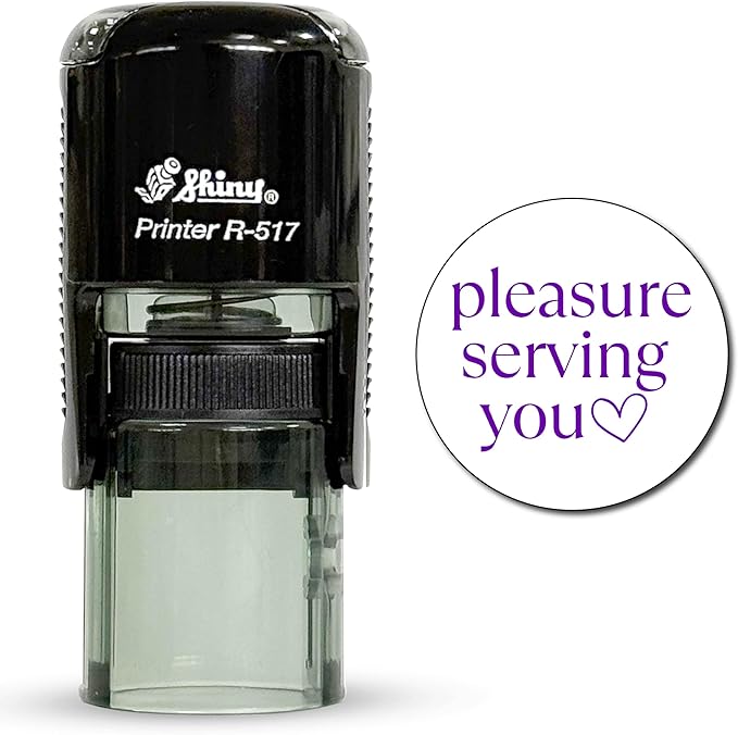 Shiny Pleasure Serving You Stamp, Round Self Inking Stamp for Office and Retail, Purple Ink