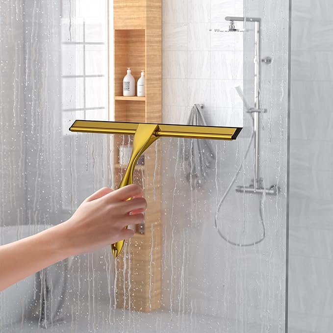 Shower Squeegee for Glass Door 12-Inch Stainless Steel Bathroom Squeegee Window Wiper, with Shower Door Hook, Adhesive Hook, and Spare Silicone Blade for Window Mirror Car All-Purpose Squeegee