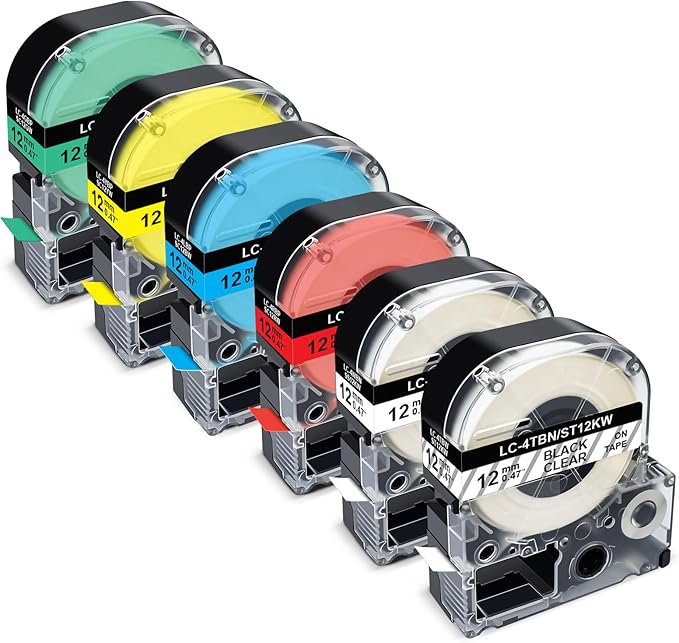 Pristar Compatible Label Tape Replacement for Epson LK-4WBN LK-4TBN LK-4LBP LK-4RBP LK-4YBW LK-4GBP 12mm 0.47" Work for Epson LabelWorks LW-300 LW-400 LW-500 LW-600P LW-700 Label Maker, 6-Pack