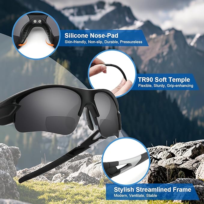 Attractive Bifocal Reading Sunglasses for Men, Durable TR90 Semi Rimless Wrap Around Design Sun Readers, UV400 Near-Far Sun Glass Built in Outdoor Sports/Driving/Finshing Dark Glasses, +1.75
