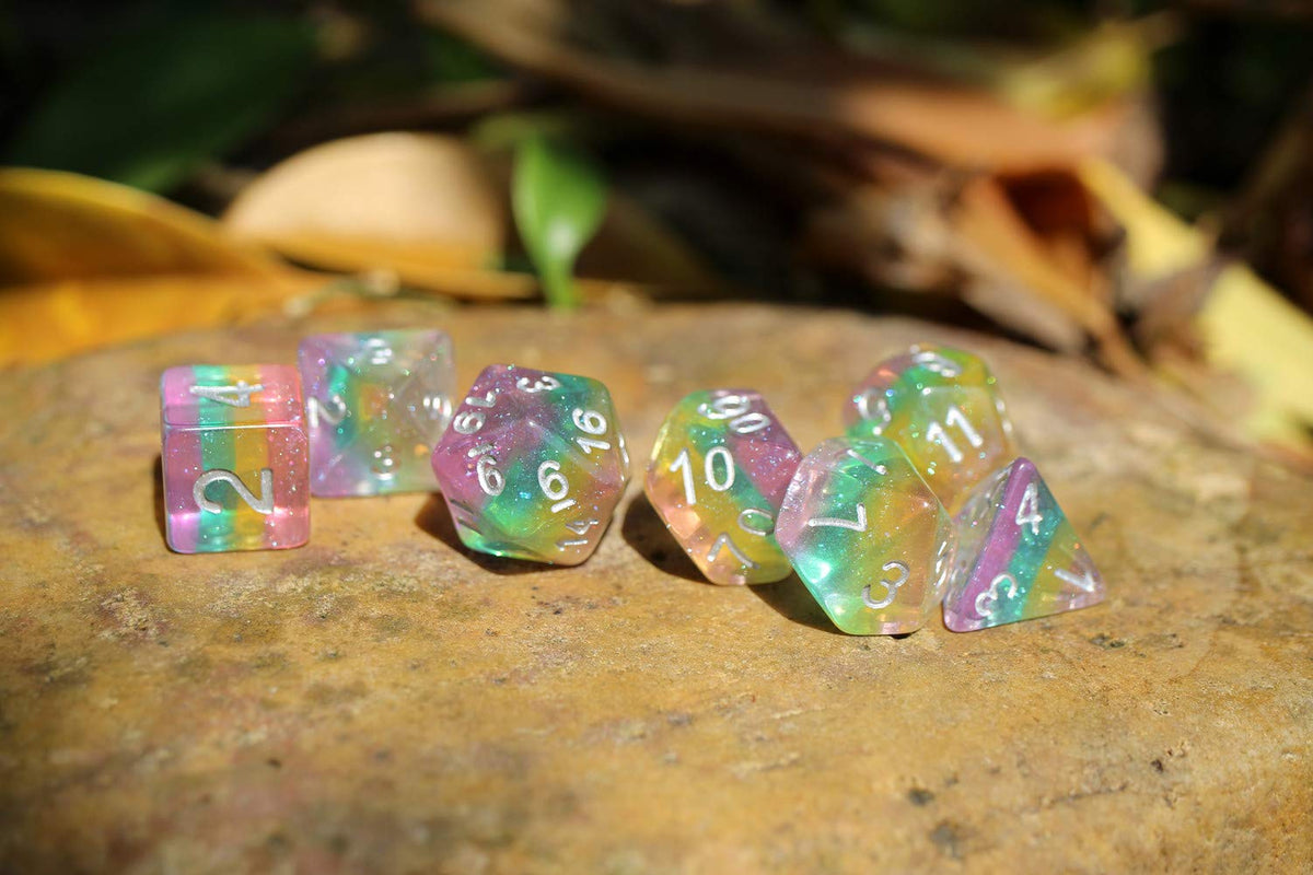 Dice DND Dice Set Glitter Rainbow Dice Fit Dungeons and Dragons D&D RPG Role Playing Game Pathfinder MTG Table Game Transparent Polyhedral Dice Set (Sparkly Rainbow)