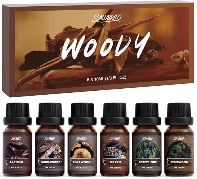 SALUBRITO Woody Fragrance Oils Set, Wood Essential Oil Set for Diffuse, Forest Pine, Sandalwood, Leather, Teakwood, Myrrh, Cedarwood Scented Oil for Candle, Soap Making