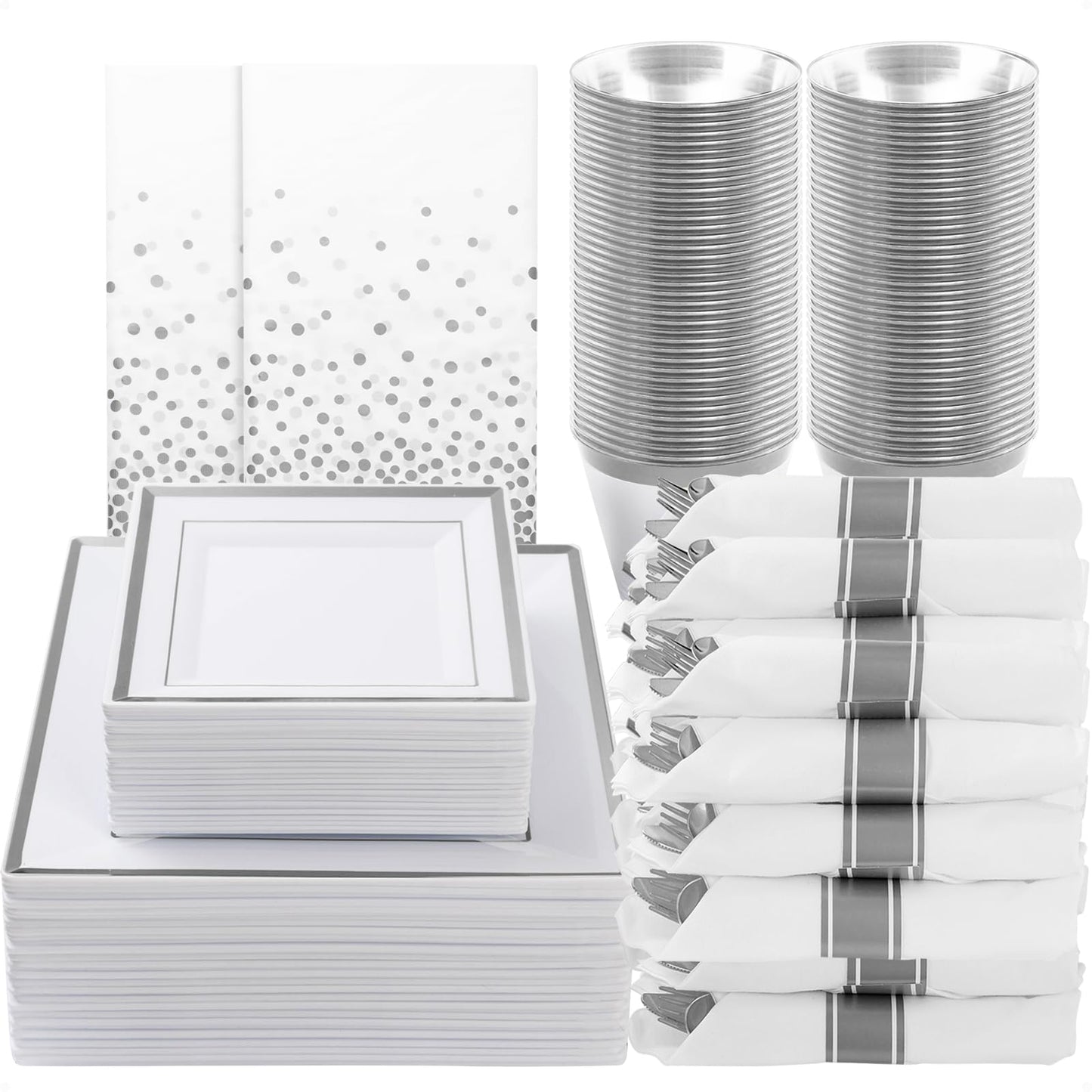 Goodluck 352 Pieces Silver Dinnerware Set for 50 Guests, Square Plastic Plates with Silver Trim, Include: 100 Plastic Plates, 50 Rolled Napkins, 50 Cups, 50 Cutlery Set and 2 Tablecloth