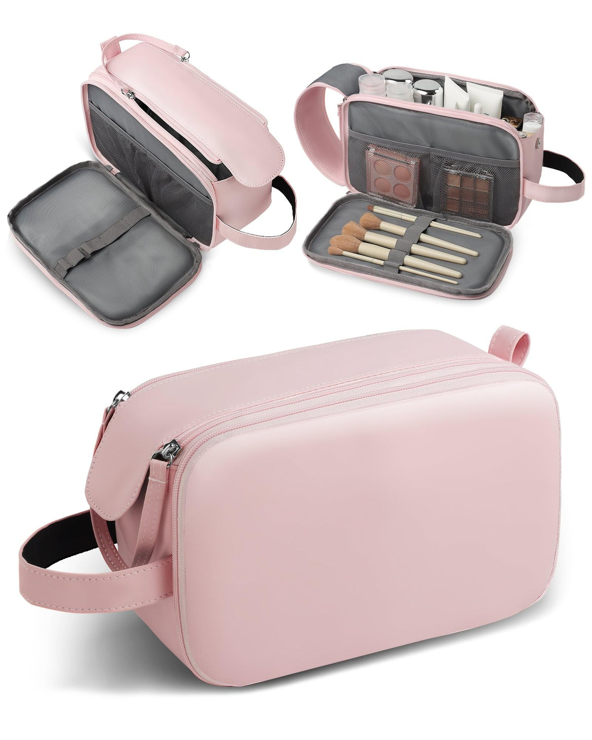 HOTOR Travel Toiletry Bag - Water Resistant Travel Essentials for Women and Men, Compact Leather Toiletries Organizer with Handle, Versatile Cruise Ship Essentials, Pink, Medium
