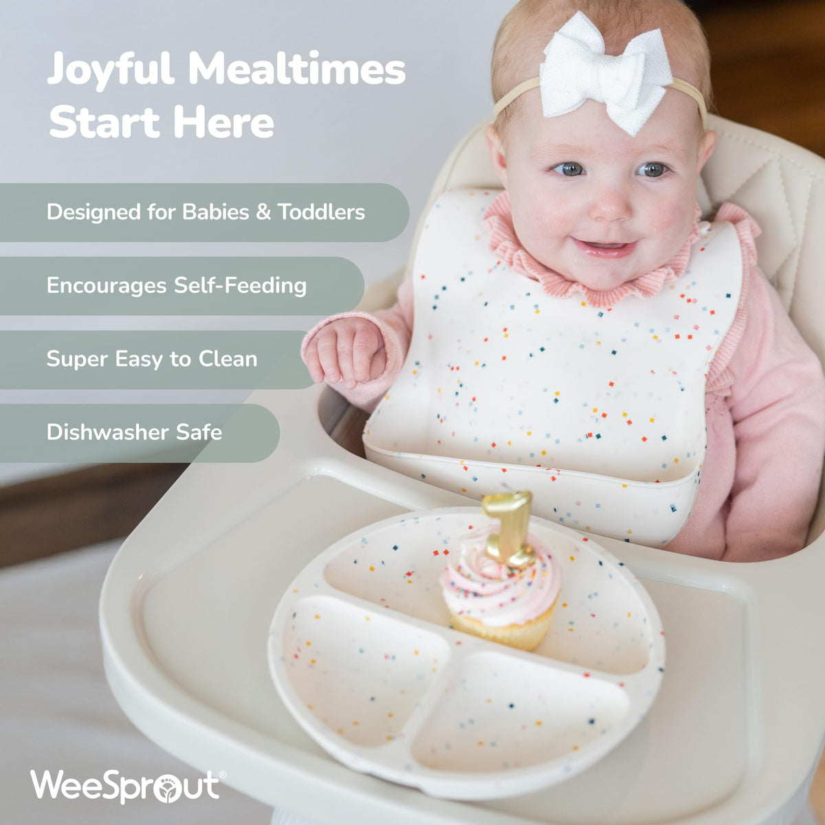 WeeSprout Baby Led Weaning Bundle, Silicone Suction Bowl, Spoons, Bib & Cup, Develops Self Feeding Skills, Dishwasher Safe (Mint)