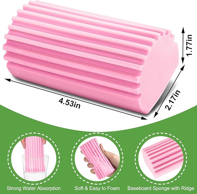 4-Pack Damp Clean Duster Sponge, Sponge Cleaning Brush, Duster for Cleaning Blinds, Glass, Baseboards, Vents, Railings, Mirrors, Window Track Grooves and Faucets Pink Non-Scratch Sponges