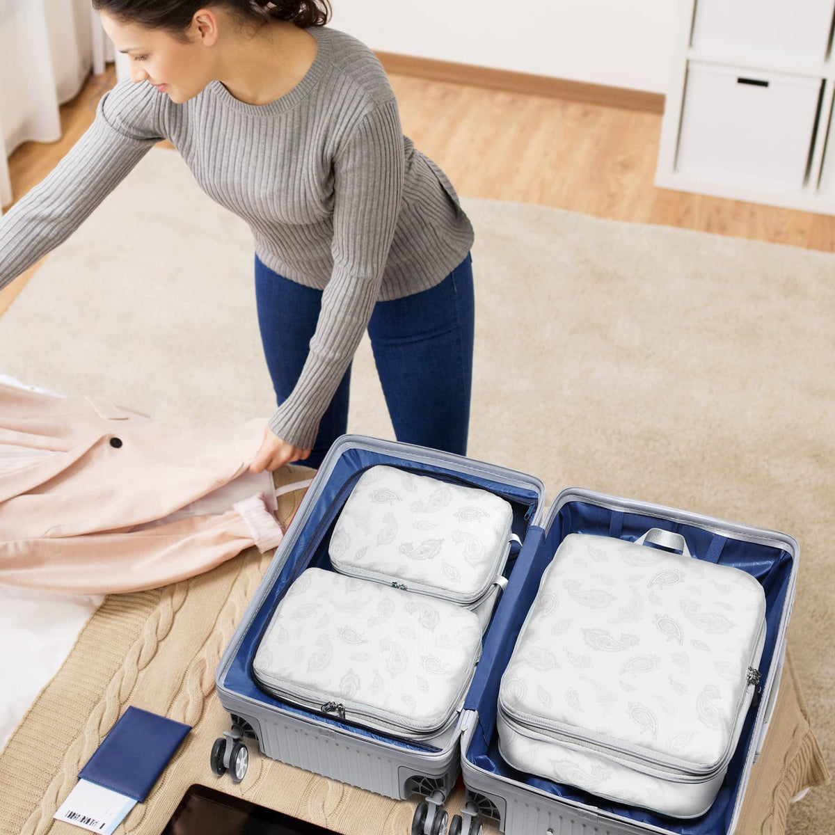 Cambond Compression Packing Cubes for Travel, 5 Pack Luggage Expandable Packing Organizers Compression Cubes for Suitcases with Laundry Bag, White Teardrop-shaped Texture