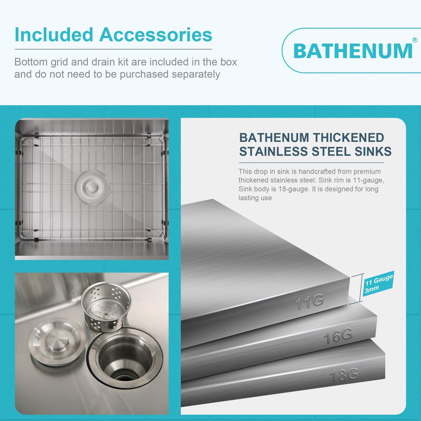 Bathenum 22" x 18" Drop in Kitchen Sink 304 Stainless Steel Single Bowl Topmount Kitchen Sink with Drain Kit and Bottom Grid, Brushed
