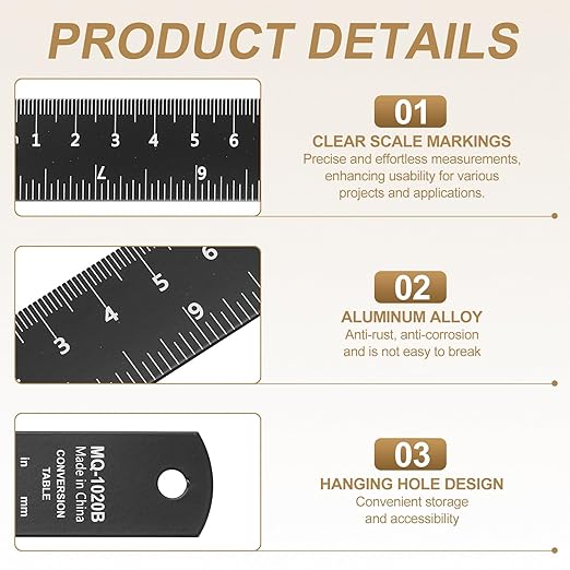HARFINGTON 4pcs Metal Straight Ruler 30cm Metric SAE Aluminum Alloy Measuring Rulers Scale Tool with Hole for Measure Study Reading Classroom Office, Black