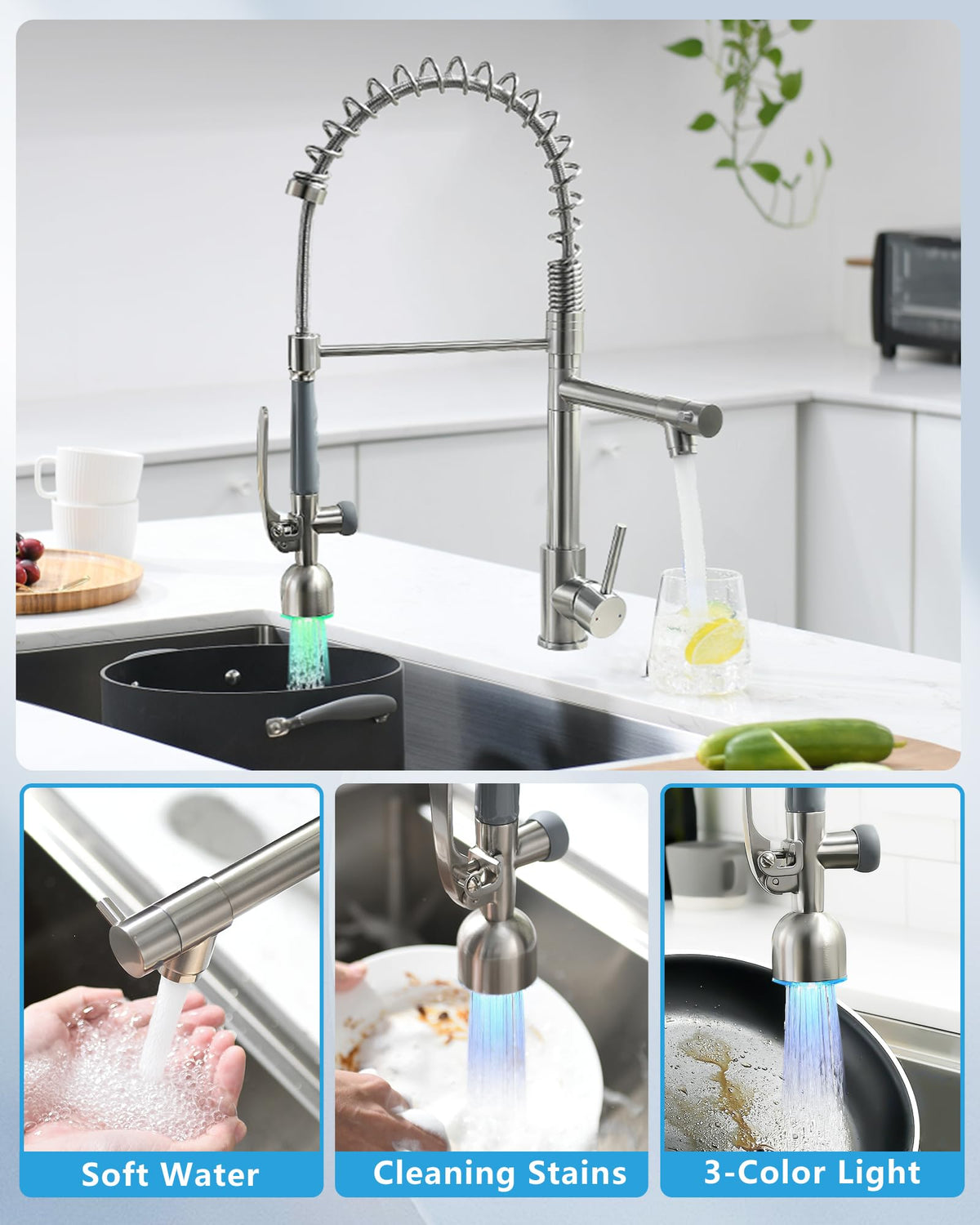 Fapully Commercial Single Handle Pull Down Sprayer Brushed Nickel Kitchen Faucet, Kitchen Sink Faucet with LED Light