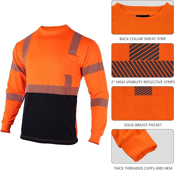 VENDACE 3 Pcs Safety T Shirts Reflective High Visibility Hi Vis Long Sleeve Construction Work Shirts for Men (Orange,XL)