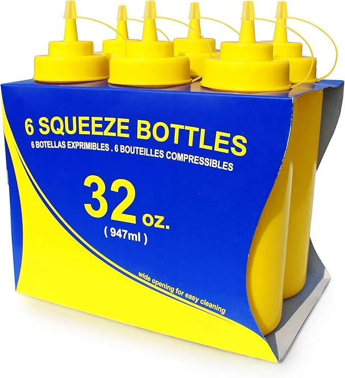 New Star Foodservice 533739 Plastic Squeeze Bottles with caps, Wide Mouth, 32 oz, Yellow, Pack of 6