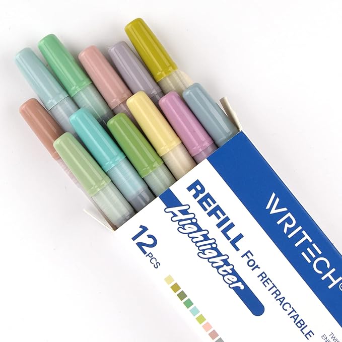 WRITECH Highlighter Refills, Assorted Colors Chisel Tip No Smear (12ct Neutral)