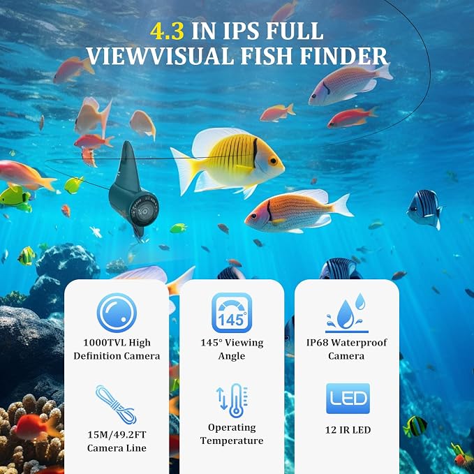 Underwater Fishing Camera, 4.3 Inch LCD, Infrared Night Vision, Wide Angle IP68 Waterproof Portable Fish Camera for Ice, Lake, Boat & Kayak Fishing (Orange)