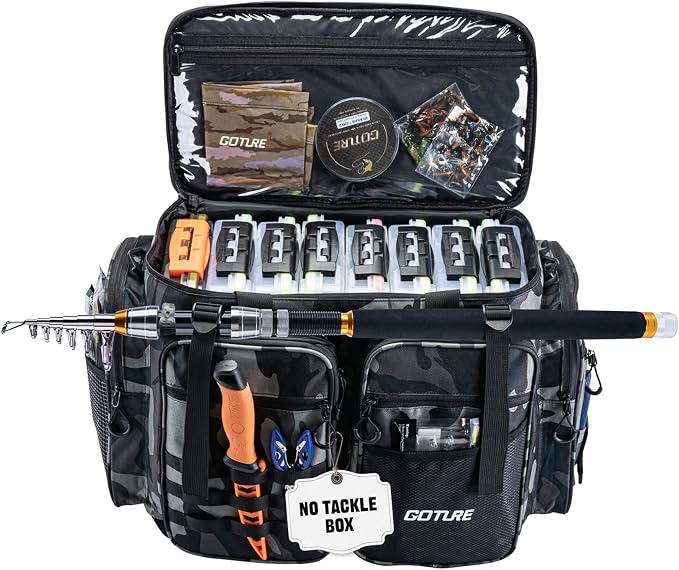 Goture Large Tackle Bag,Store Up to 8PCS 3700 Plus 4PCS 3600 Tackle Trays(Not Included),Water Resistant Saltwater Gear Storage Big Fishing Bag with EVA Bottom,Gifts for Men(21.65"x11.8"x15.16")-Camo