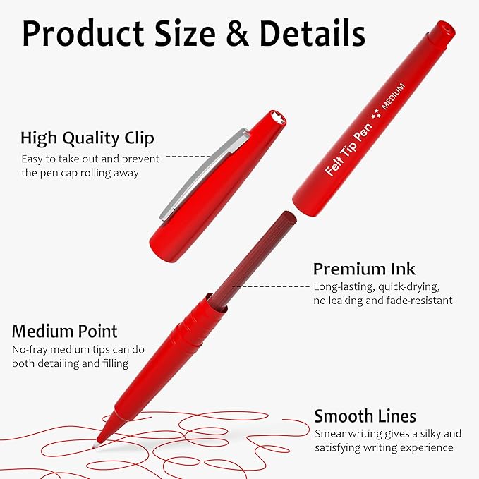 Lelix Felt Tip Pens, 30 Red Pack, 0.7mm Medium Point, Felt Tip Markers Pens for Journaling, Writing, Note Taking, Planner, Perfect for School Office and Art Supplies