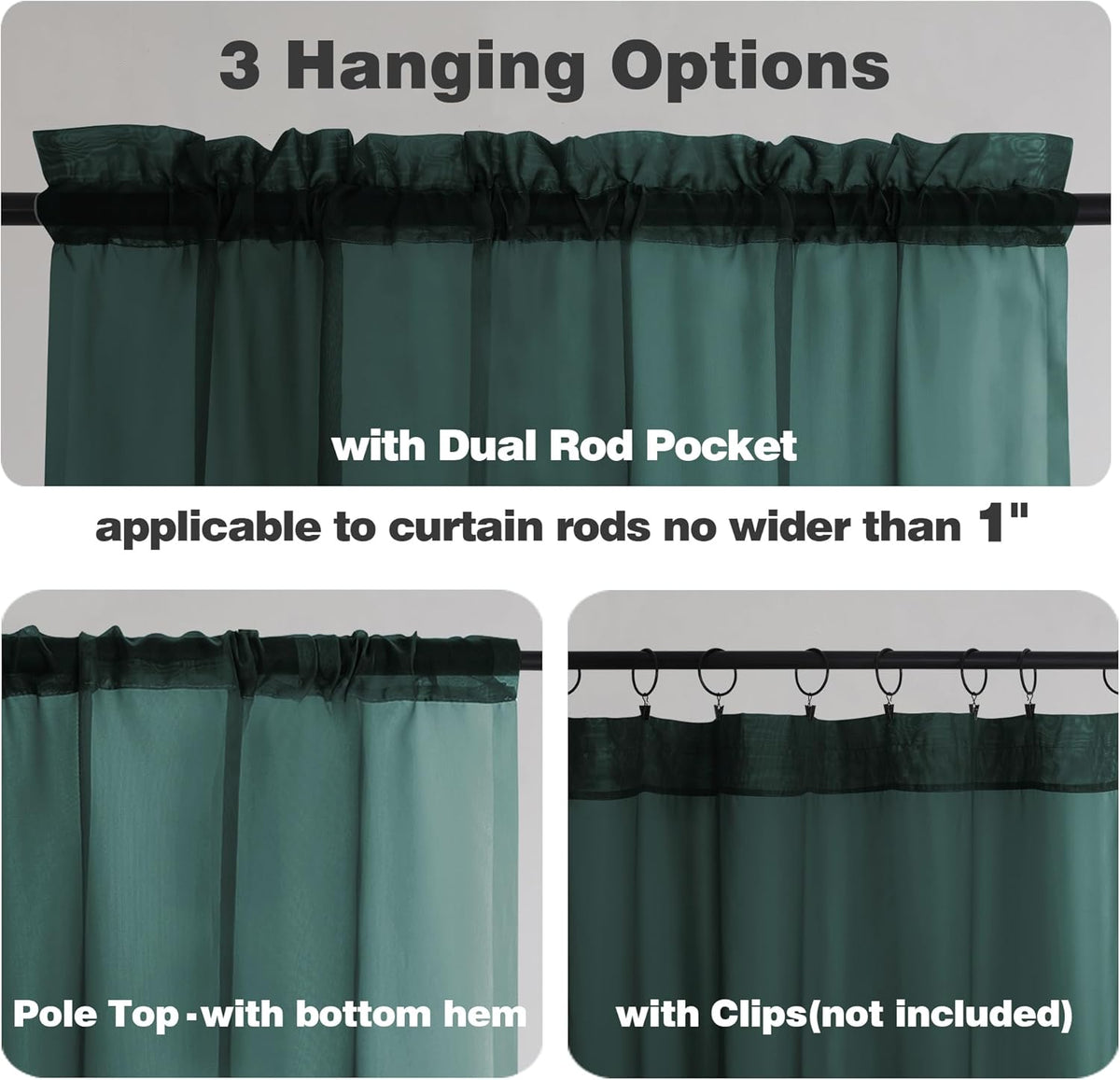 Chyhomenyc Hunter Green Sheer Curtains 84 inches Long 2 Panels Set, Light Filtering Rod Pocket Emerald Voile Sheer Drapes for Living Room Bedroom, 2PCS, Each 42W x 84L