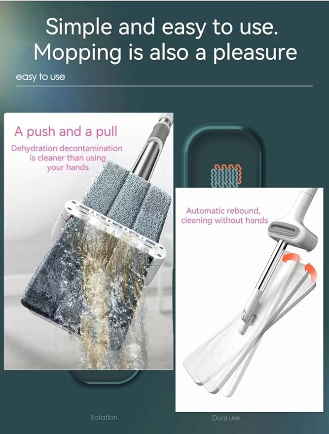 Mop and Bucket Set with Wringer, Flat Mops for Floor Cleaning, Wall Mop Cleaner with Long Handle, Hardwood Floor Mop with 6 Microfiber Pads (1 Mop + 6 Microfiber Pads + 1 Bucket)