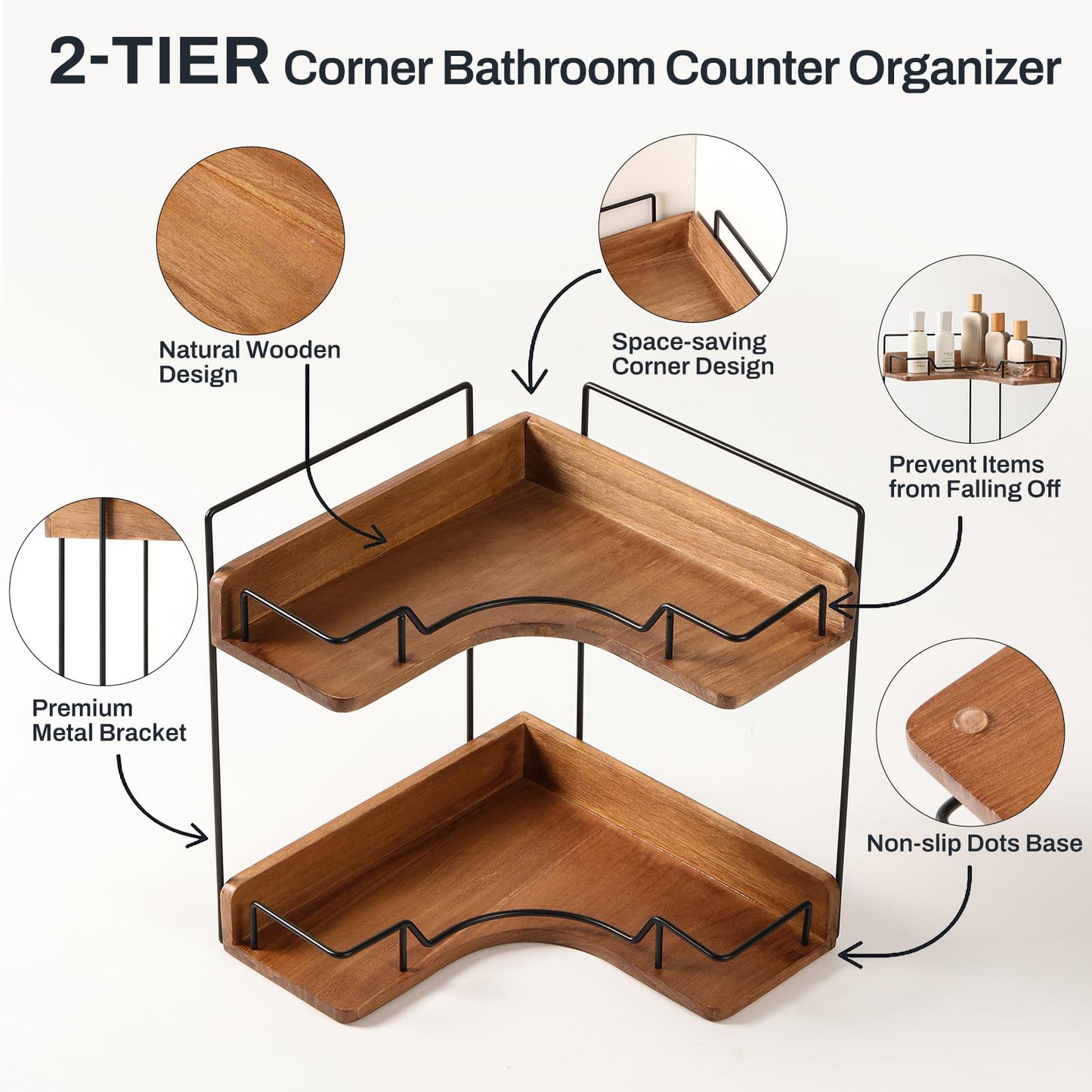 Snuvid 2-Tier Bathroom Counter Organizer, Wooden Corner Shelf for Vanity Countertop Skincare & Makeup, Storage and Organization for Kitchen