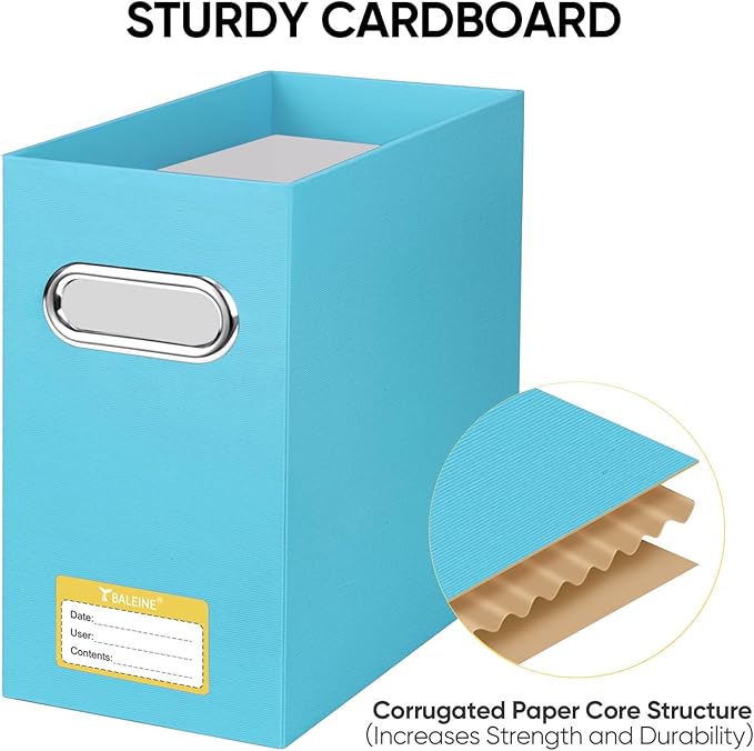BALEINE File Organizer Box, Cardboard File Folder Organizer with Handle for Letter Size, Portable Collapsible Hanging Filing Box for Home Office Document Storage (4 Pack, Blue)
