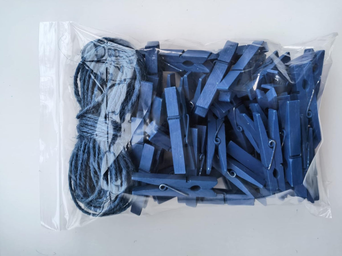 1.9 Inch Blue Clothespins Wall Decor Hang Pictures Artwork Kitchen Clips for Chip Bags with Sturdy Twine String Pack 50