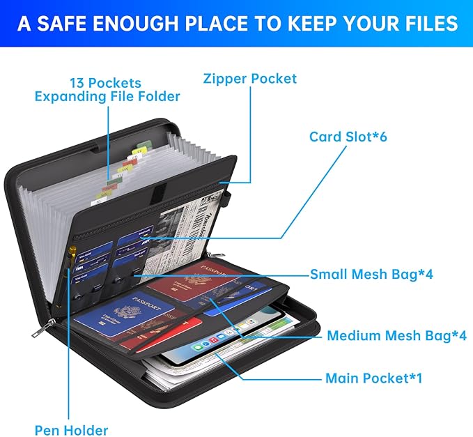 ENGPOW Accordion File Organizer,Fireproof Expanding File Folder with Multi Pockets,13 Pockets Document Organizer with Handle & Labels,Portable Home Travel Safe Storage for Letter A4 Files and More