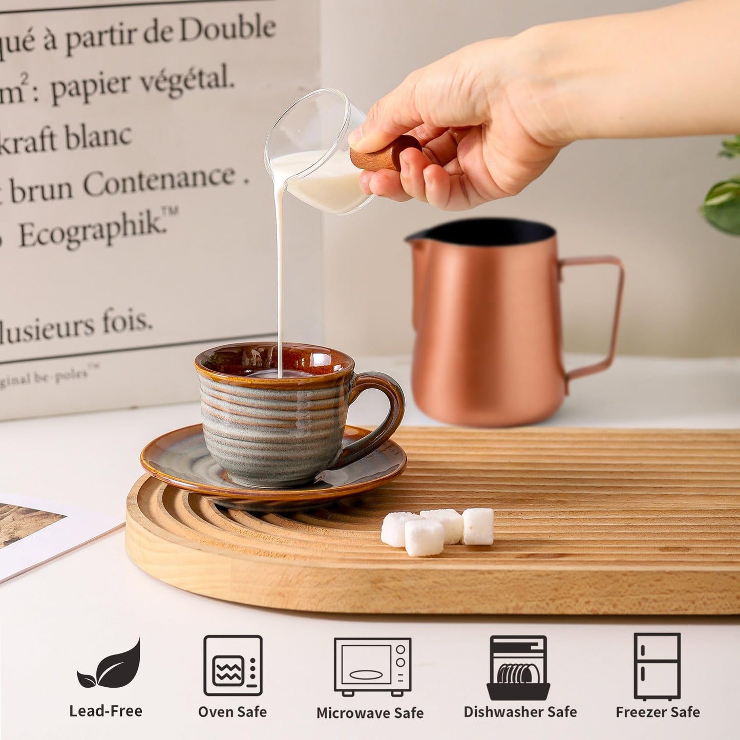 Hasense Espresso Cups with Saucers, 4 oz Small Ceramic Espresso Coffee Mugs Set of 4, Cute Cappuccino Cup Set, Demitasse Cups Perfect for Espresso Shots, Cappuccino, Tea-Grey Brown