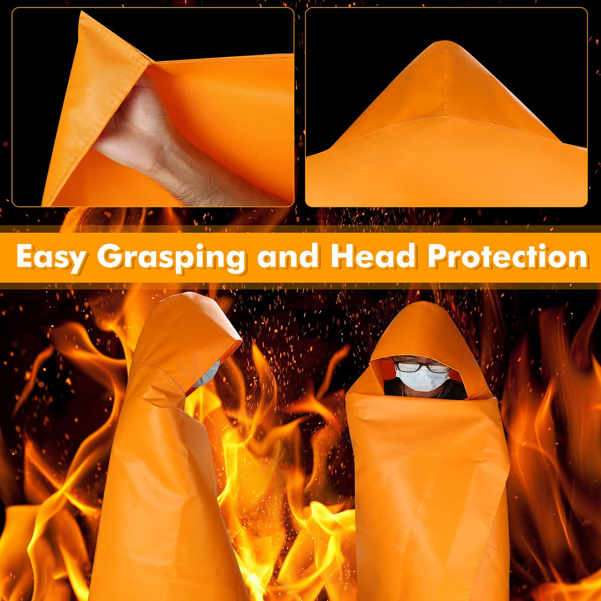 DIBBATU Fireproof Cloak, Fire Escape Cloak, Extra Big Fireproof Fiber Cape, Emergency Used as A Fire Blanket, Head Protection Fire Escape kit for Household, Office Home (Orange, 72 * 70in)