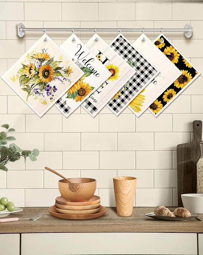 6 Pack Swedish Dishcloths for Kitchen - Reusable Dish Cloths for Washing Dishes Absorbent Cute Funny Kitchen Towels Cleaning Sponge, Sunflower
