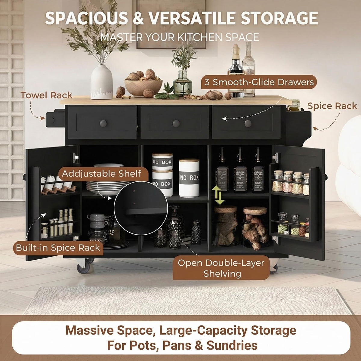 Waully 53'' Mobile Kitchen Island with Seating, Rolling Kitchen Island with Storage and Drop Leaf, 3 Drawers Islands Cart Rubberwood Top, 2 Open Shelves, Isla para Cocina, Black + 2 StooIs