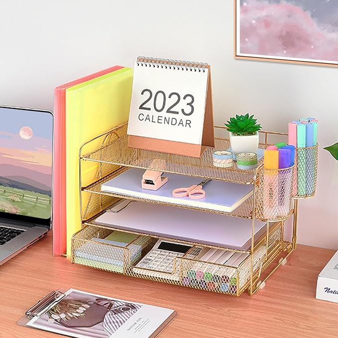 Desk Organizer and Accessories, 4-Tier Desktop File Organizer with Drawer and 2 Pen Holders, Office Desk Accessories for Office Supplies(Gold)
